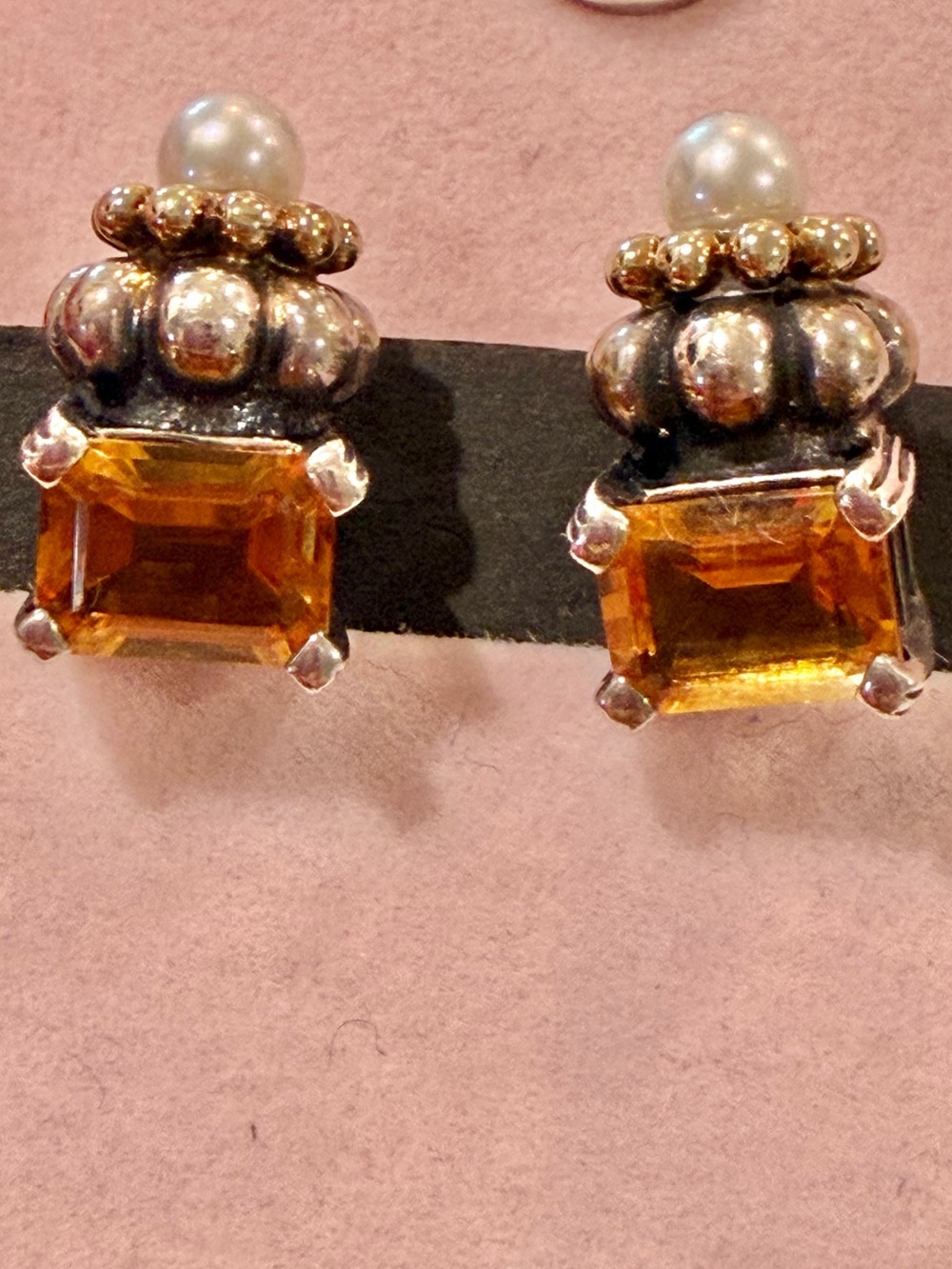 Auth LAGOS Caviar Sterling Silver 18K Gold Citrine Pearl Omega Post Earrings